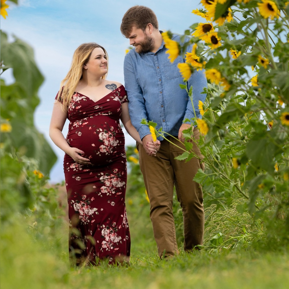 Burgundy floral maternity gown